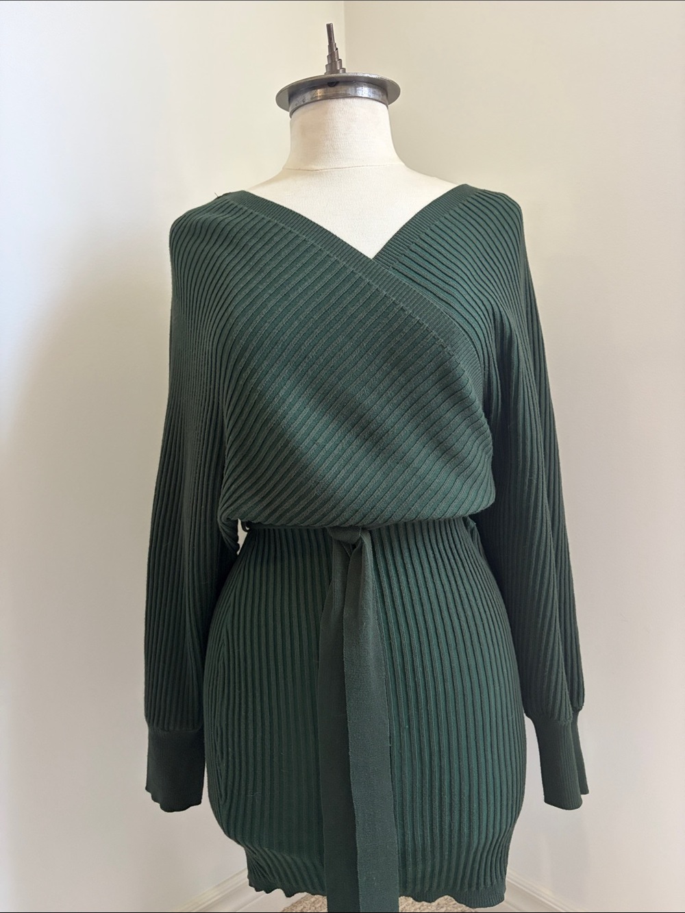Love Tree Deep Green Ribbed V-Neck Belted Sweater Dress